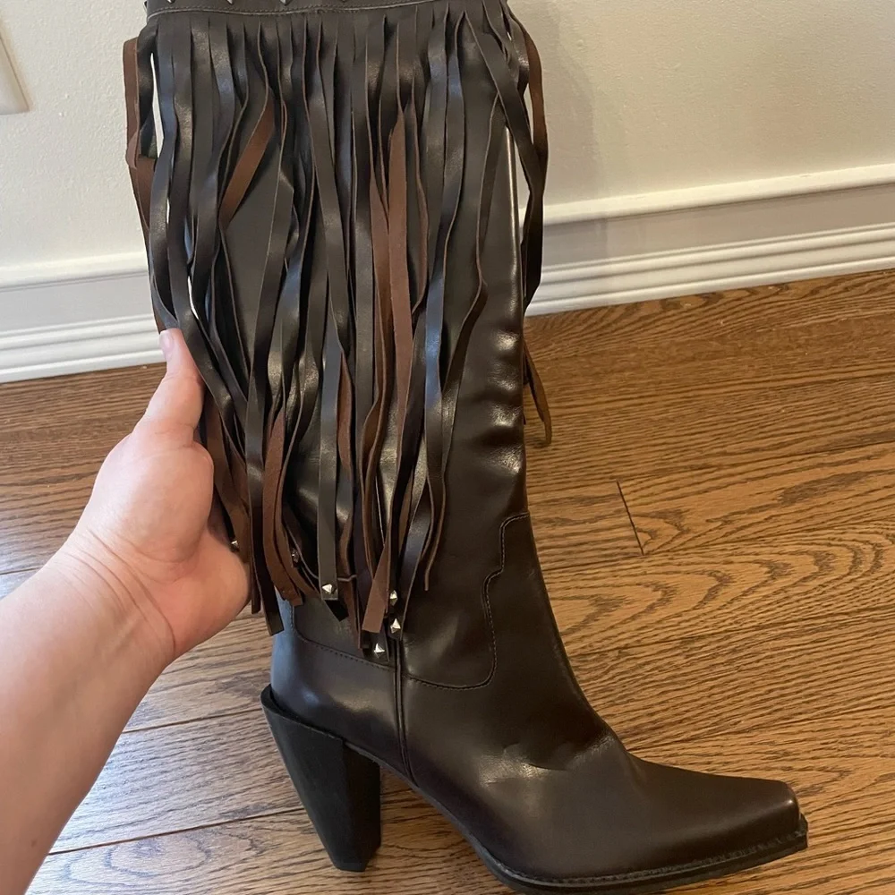 Donald J Pliner Western Couture Leather Studded Fringe Heeled Boots - Picture 4 of 15